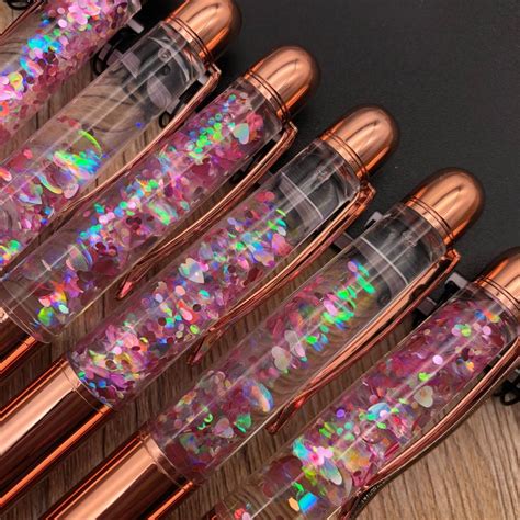 Rose Gold Writing Ballpoint Floating Heart Confetti Holographic Pen