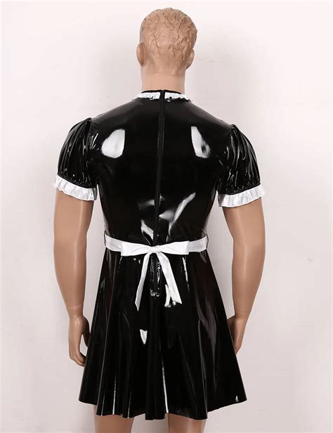 Männer Erwachsene Sissy Maid Kleider Cosplay Kostüm Set Wetlook Patent Leder Puff Hülse Maid