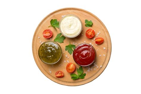 Many Different Sauces And Herbs Isolated On White Background Flat Lay