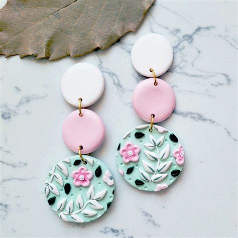 Flower Statement Polymer Clay Drop Stud Earrings Green And Pink Big