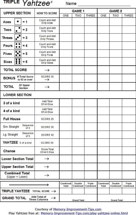 Triple Yahtzee Printable Score Sheet