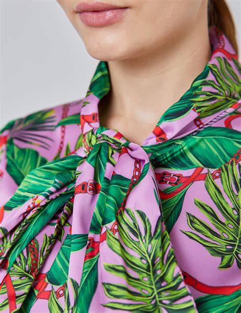 Womens Pink And Green Tropical Floral Fitted Satin Blouse Single Cuff