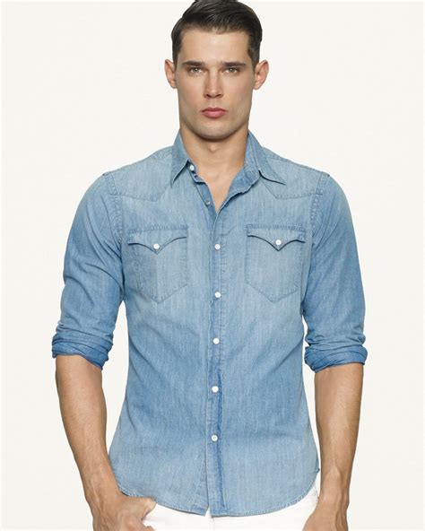 Lyst Ralph Lauren Black Label Chambray Western Shirt In Blue For Men