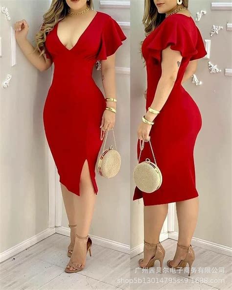 2021womens Red Ruffle V Neck Tight Split Dressdresses Aliexpress