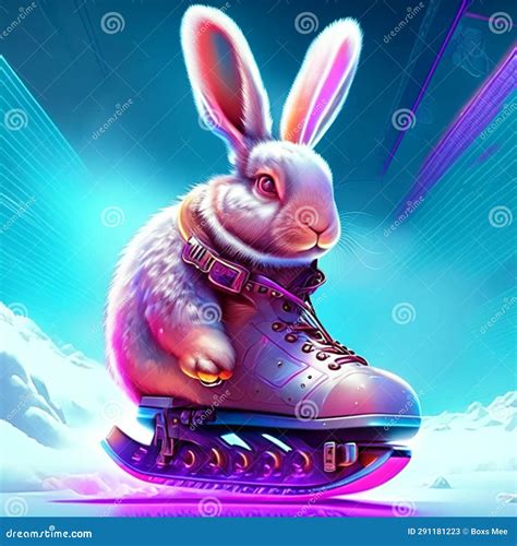 Rabbit In Ice Skates On Blue Background 3d Illustration Ai Generated