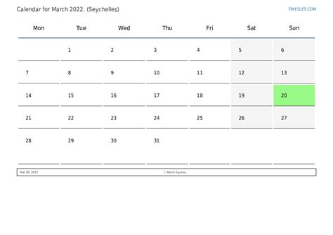 March 2022 Calendar With Holidays In Seychelles Print And Download