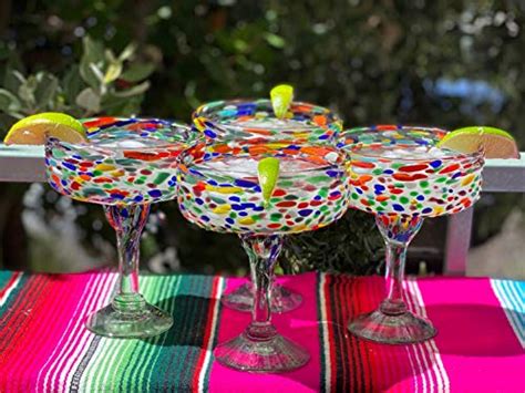 Mexican Hand Blown Glass Set Of 4 Hand Blown Margarita Glasses Confetti Rock 16 Oz