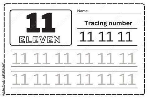 Number Eleven Tracing Practice Worksheet For Kids Learning To Count And