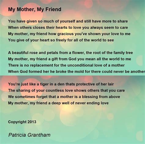 My Mother My Friend Poem By Patricia Grantham Poem Hunter