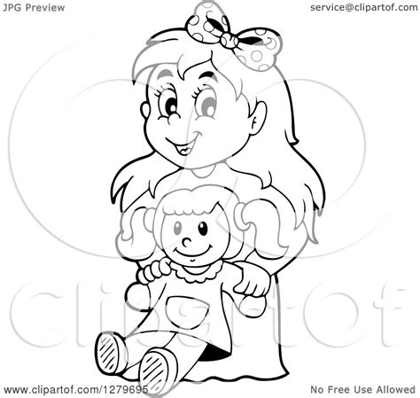 Clipart Of A Happy Black And White Girl Holding A Doll