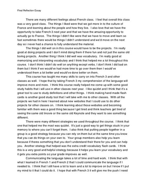 As opposed to presenting your reader the opinions of other academics and writers, in this essay you get an opportunity to write your point of view—and the best part is that there is no wrong answer. Final reflection essay