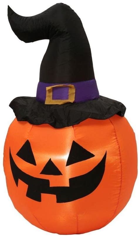 Inflatable Pumpkin With Witch Hat Lights Up Stakes Self Inflates