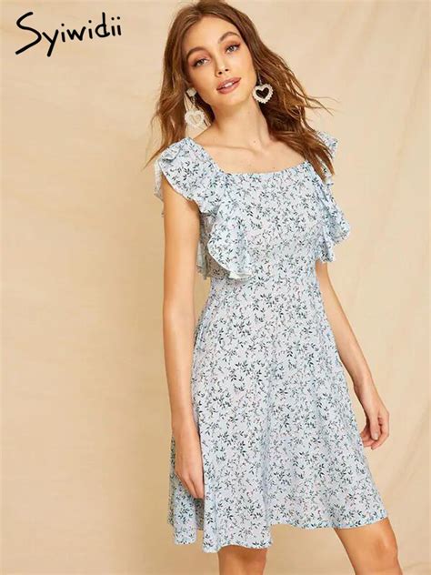 Ruffle Dress Print Chiffon Summer Dresses Women A Line Romantic Vintage