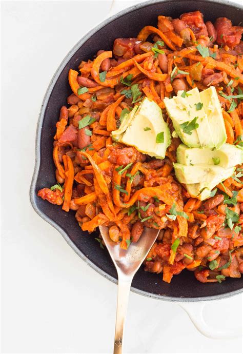 Inspiralized Baked Beans With Spiralized Sweet Potatoes