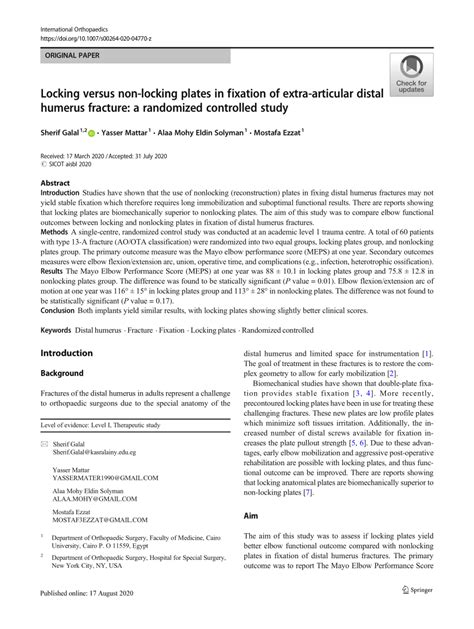 PDF Locking Versus Non Locking Plates In Fixation Of Extra Articular Distal Humerus Fracture