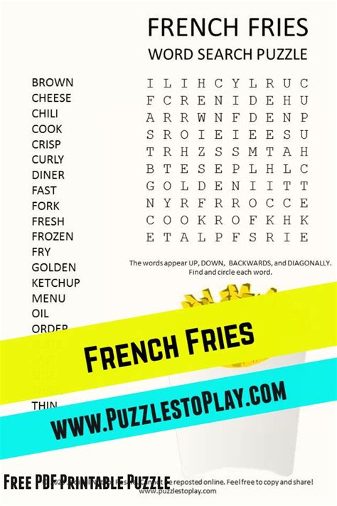 French Fries Word Search Puzzle French Fries Free Printable Puzzles