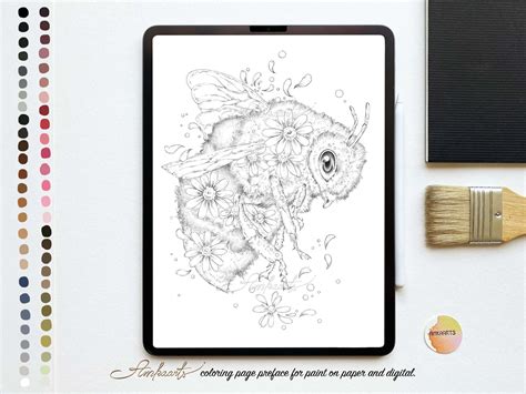 Bee Flower Coloring Page Digital Download, Gift for Bee Lovers