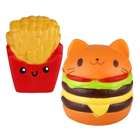Opount 2 Pieces 4 Inch Kawaii Cat Hamburger Bread Squishies And Fries