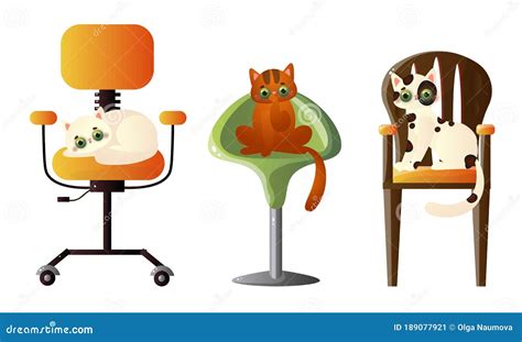 Colorful Domestic Cats Sleeping And Relaxing On Chairs Stock Vector