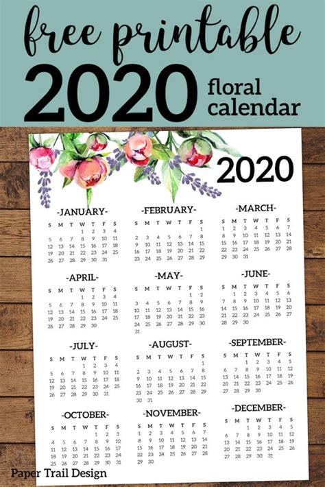 Free Printable 2020 Calendar Yearly One Page Floral Paper Trail