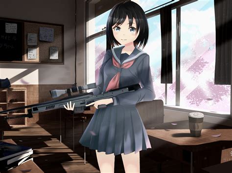 1400x1050 Anime Girl With Gun In School Wallpaper1400x1050 Resolution