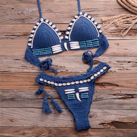 Sexy Blue Shell Beaded Bikinis Set Handmade Crochet High Quality Swimsuit Women Push Up Swimwear