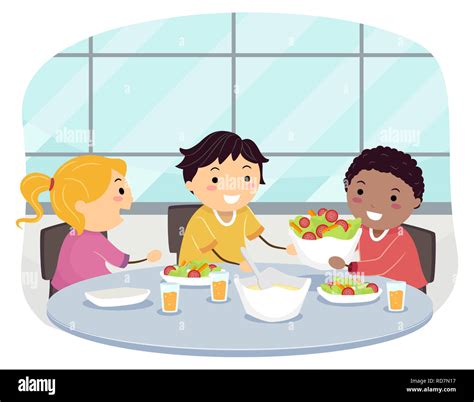 Illustration of Stickman Kids Eating Lunch Asking to Pass a Serving of