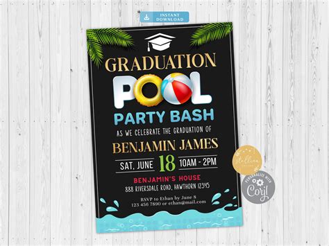 Editable Pool Party Graduation Invitation Chalkboard Etsy Australia