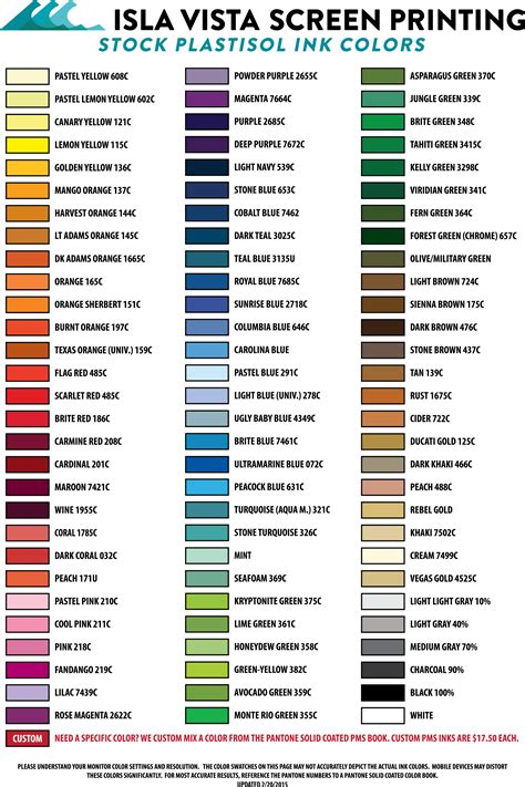 Ink Color Chart — Isla Vista Screen Printing And Embroidery