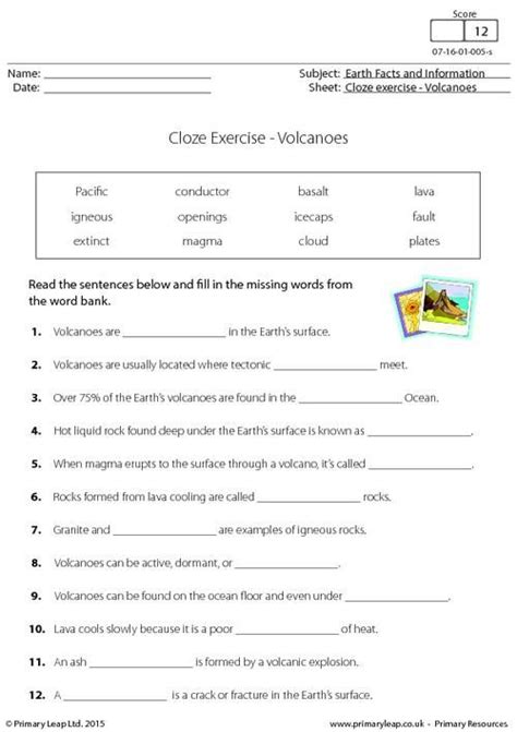 Free printable 7th grade math. PrimaryLeap.co.uk - Cloze Exercise - Volcanoes Worksheet ...