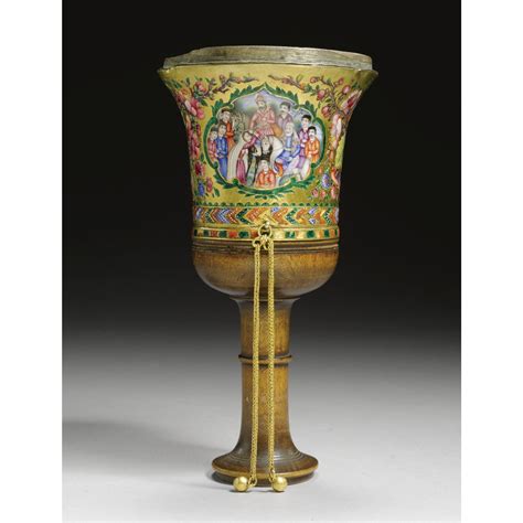 a fine gold and enamelled ghalian cup with scenes from nizami s khamsa persia qajar 19th