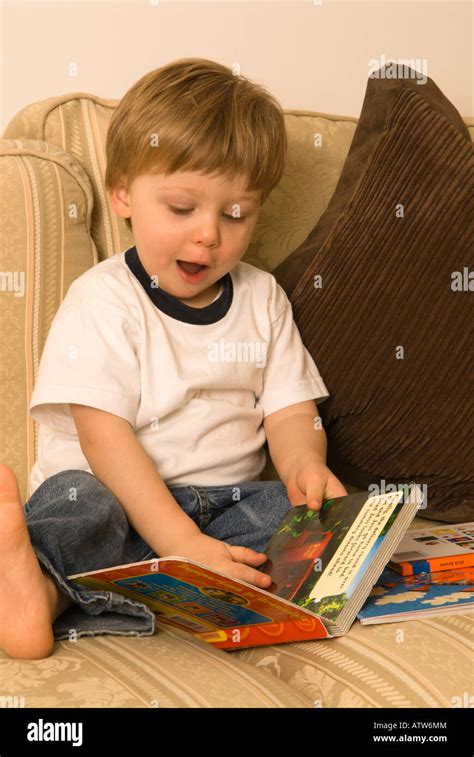 Two Year Old Boy Reading A Picture Story Book Stock Photo Alamy