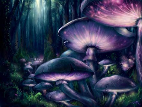 Purple And Blue Mushrooms In Fantasy Forest By Leo De Wijs