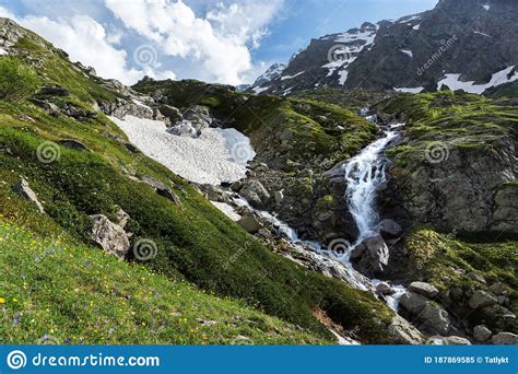 Waterfall And Glacier In The Mountains In Summer Flowering Meadow