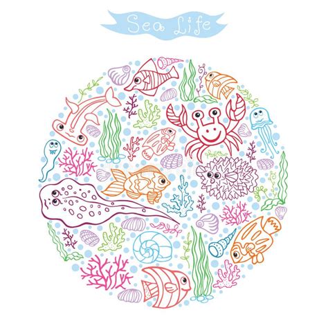 Doodle Sea Life Circle Composition Stock Vector Illustration Of Cyan