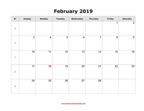 Blank Calendar February 2019 Landscape