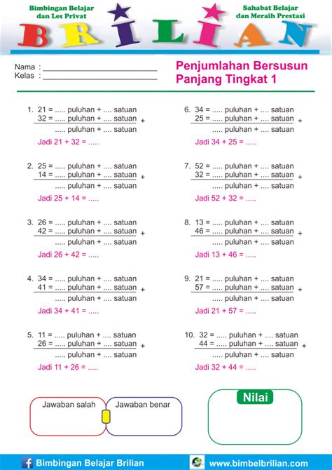 Soal Penjumlahan Bersusun Panjang Penyayaan Kelas 1 SD Tema 7 Bisa