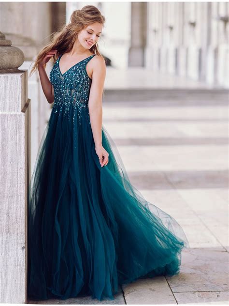 Robe longue en tulle et bustier à strass Vert Anne Sophie