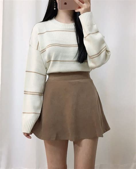 i really like how the stripes on the sweater fit the skirt and whether fit koreanfash