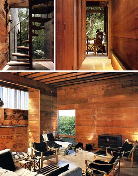 From this view of the modern kitchen design you can see the two tone cabinetry of brown and white with its high polished flush surface and geometric design. Literal Treehouse: Modern All-Wooden Home in the Forest ...