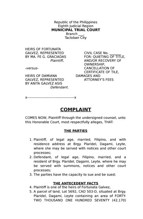 Complaint Affidavit Sample Republic Of The Philippines Eighth