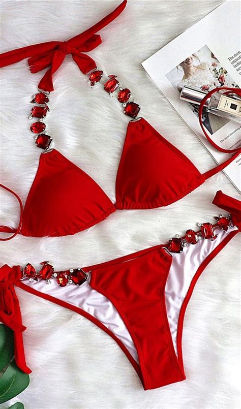 red diamond lace up bikini