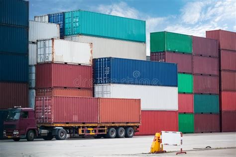 The Cargo Containers Truck In Storage Area Of Freight Port Stock Image