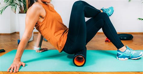Woman Using Foam Roller Self Massage Muscles Home Stock Photo By