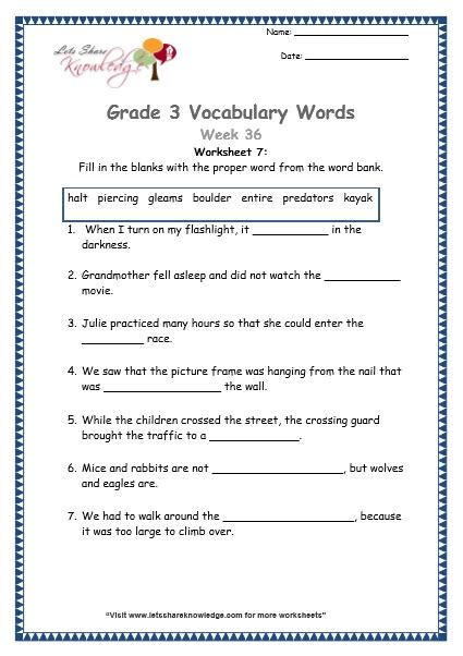 Grade Vocabulary Worksheets Week Lets Share Knowledge