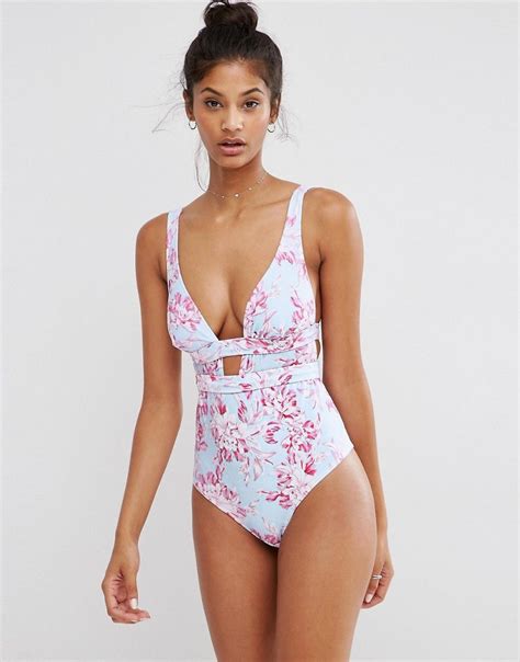 Image Of Asos Fuller Bust Posy Floral Print Plunge Swimsuit Dd G