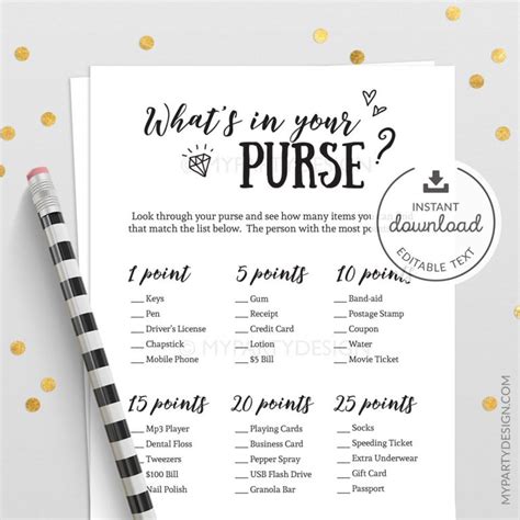 what s in your purse game printable card my party design