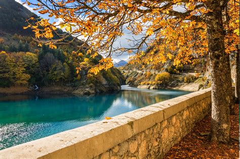 Trees River Walls Mountain Fall Yellow Water Turquoise Nature