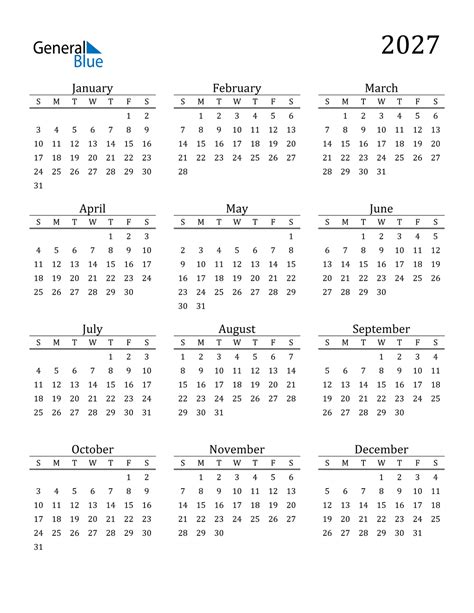2027 Year Calendar