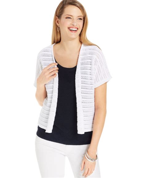 Jones New York Collection Open Knit Short Sleeve Cardigan In White Lyst